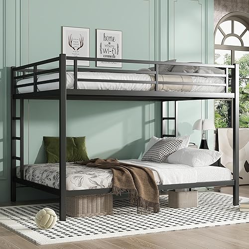 Bellemave Queen Over Queen Bunk Beds for Adults,Heavy Duty Adult Bunk Beds,Metal Bunk Bed Queen Over Queen with 2 Ladders,Queen Size Bunk Bed, Noise-Free,Black