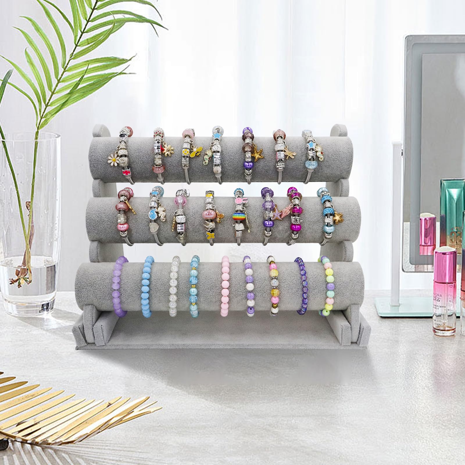 LuiceABC Bracelet Display Stand, 3 Tiers Black Velvet Soft T Bar Bracelet Holder Jewelry Watch Tower Organizer (Grey)
