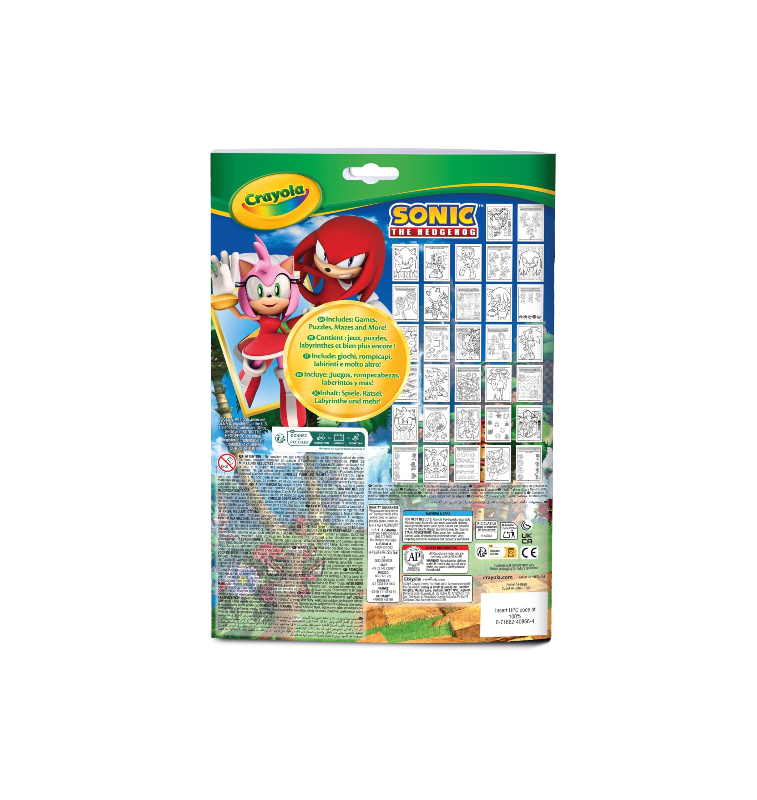 Crayola Album Activité et Coloriage Sonic, 32 Pages, 7 Mini-Feutres Lavables