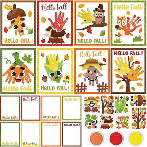 Cinrobiye 24 Sets Fall Handprint Craft Kits Bulk Autumn Hand Print Craft DIY Greeting Cards Kit with Stickers Painting Ink for Home School Classroom Art Project Thanksgiving Party Favor Supplies Gift