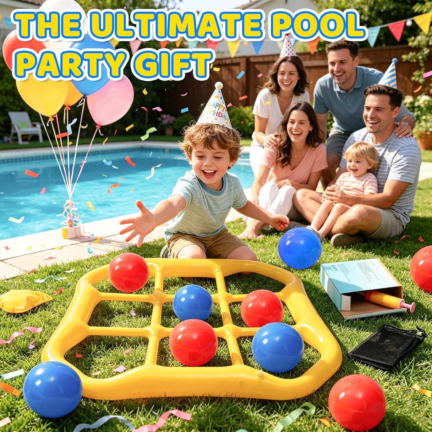Set de Jeux de Piscine, Tic-Tac-Toe Gonflable avec 10 Balles, Jeu de Morpion Gonflable pour Adultes, Bouée de Piscine Gonflable pour 2 à 10 Joueurs,Jeux pour Fêtes Familiales Piscine