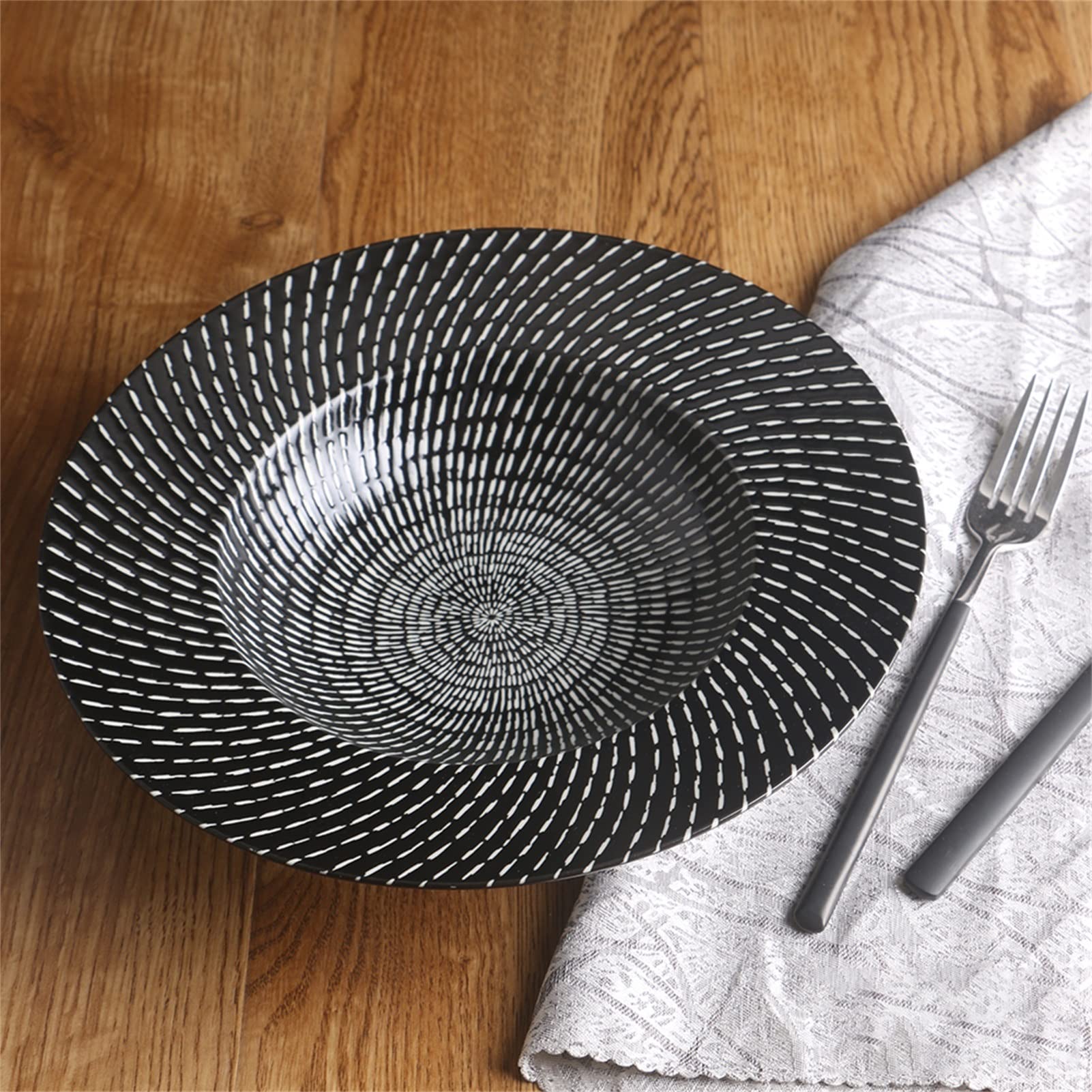 Meiiron 10 Inch Pasta Bowls with Rim, Porcelain Salad Plates, Premium Deep Dinner Plates Round Serving Plate Black Matte Embossed Collection Soup Bowls (Size : 2Pcs)