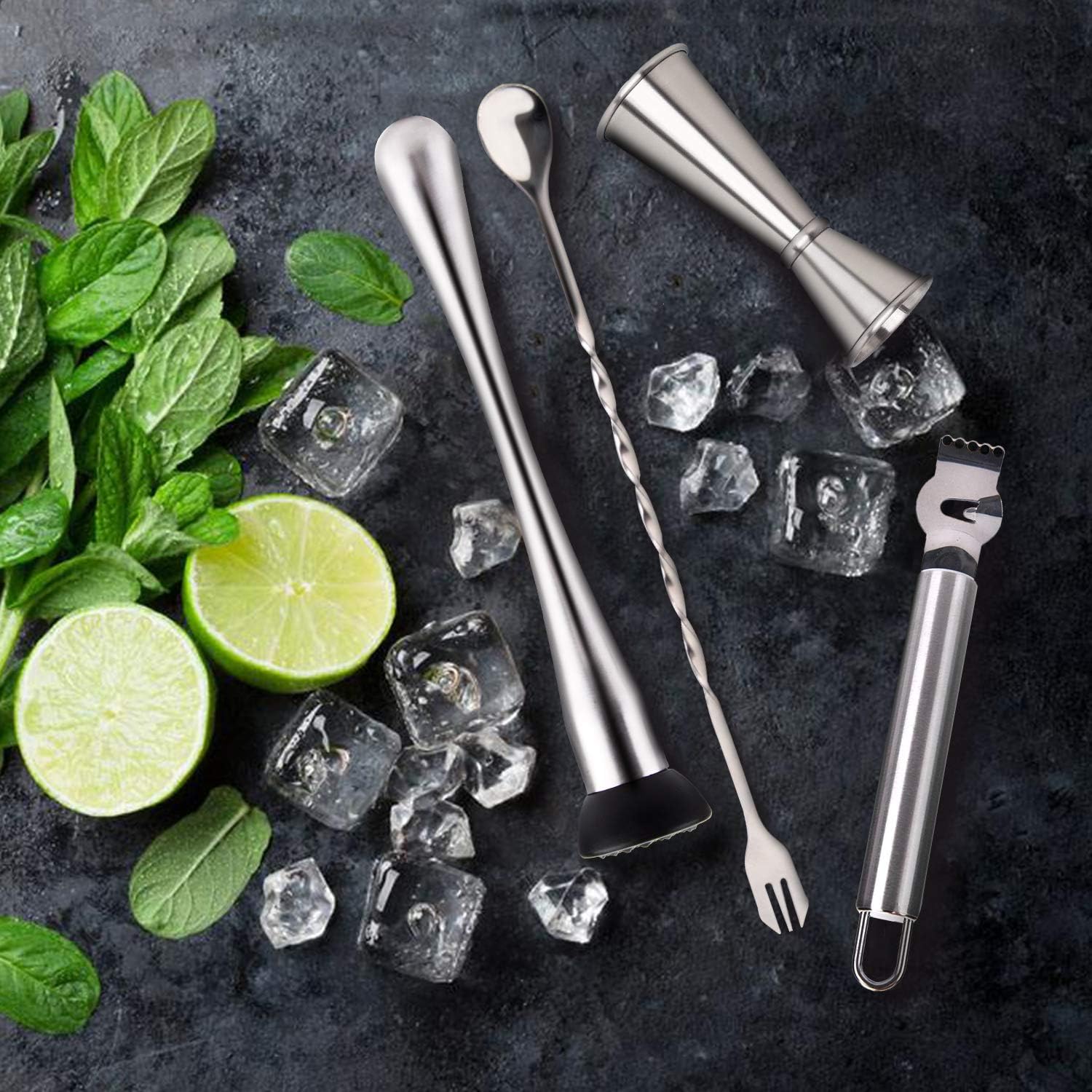 Cocktail Bar Tools, JUSTDOLIFE Stainless Mixing Spoon Double Cocktail Jigger Cocktail Ice Muddler Lemon Fruit Grater Bar Strainer for Bartender Home Kitchen Bar Cocktail Drinks (Silver Bar Tool)
