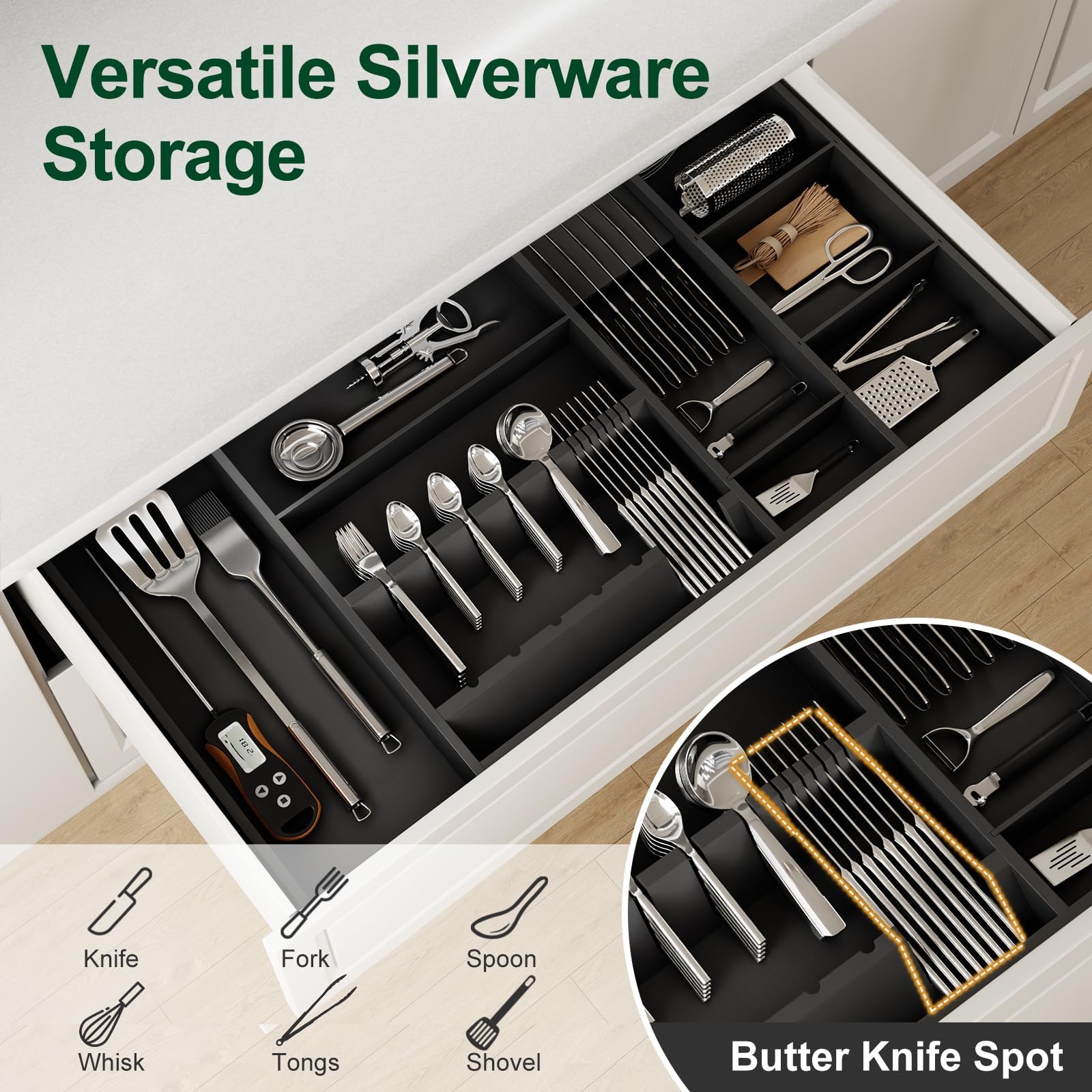 Organizador grande de cajones de utensilios, organizadores de cubiertos de bambú expandibles para cajones de cocina, organizador de cajones multiusos con bandeja ajustable para cuchillos de