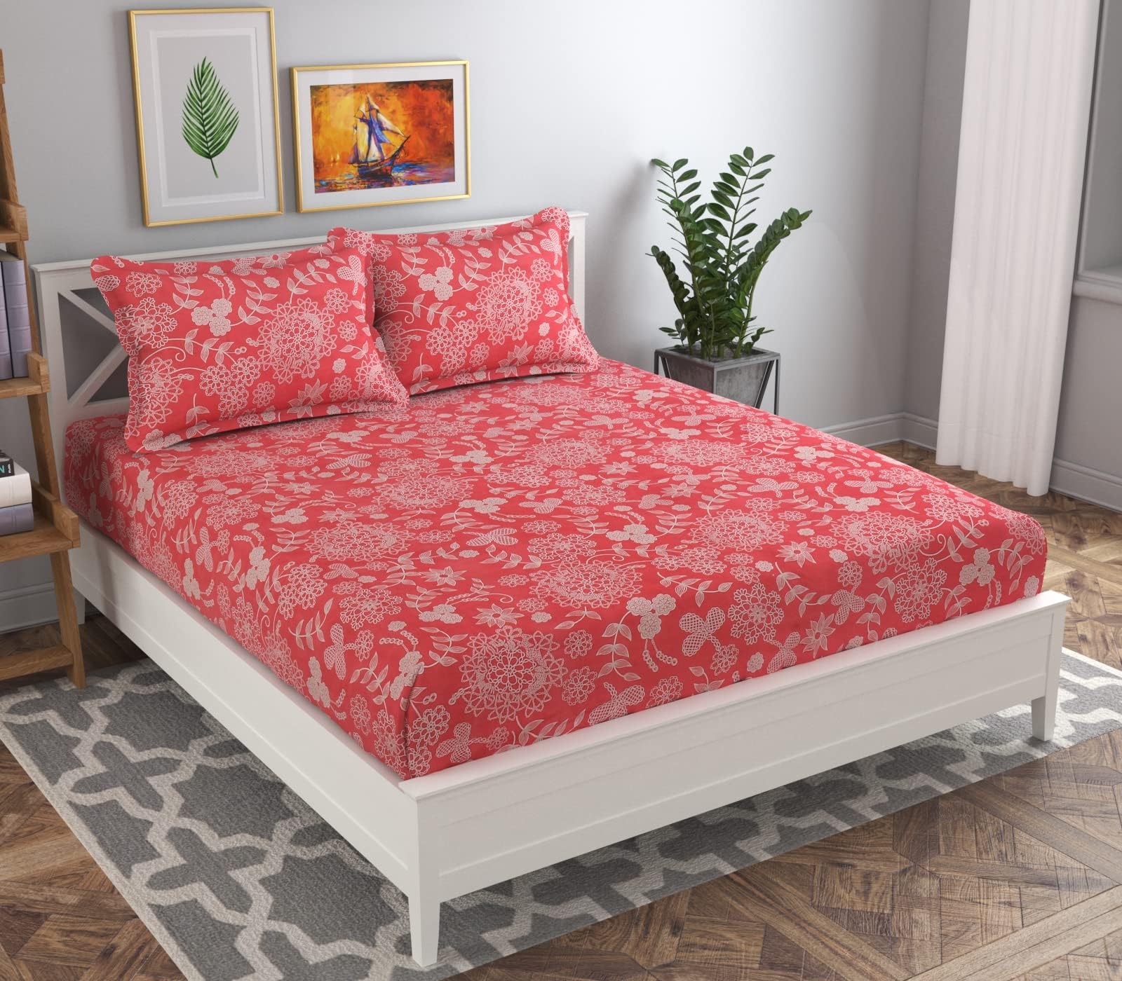 VAS COLLECTION144 TC 3D Beautiful Pink Floral Printed Cotton Double Bedsheets with 2 Pillow Covers White Pink(6 x 7 ft)
