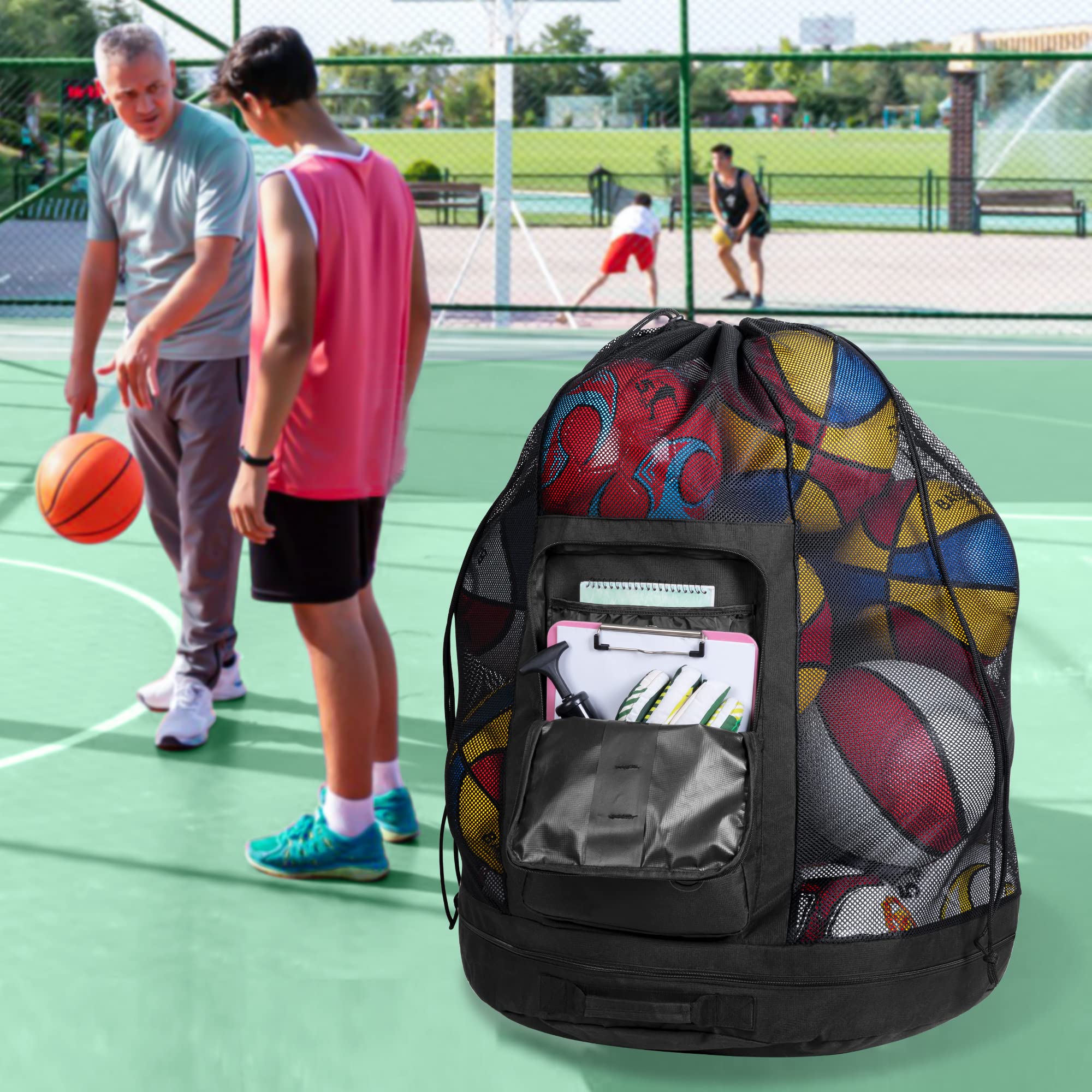 GOBUROS Borsa a rete per palloni da calcio, pallacanestro, con spallacci e tasca frontale, per pallacanestro, calcio, pallavolo, rugby e sport in spiaggia
