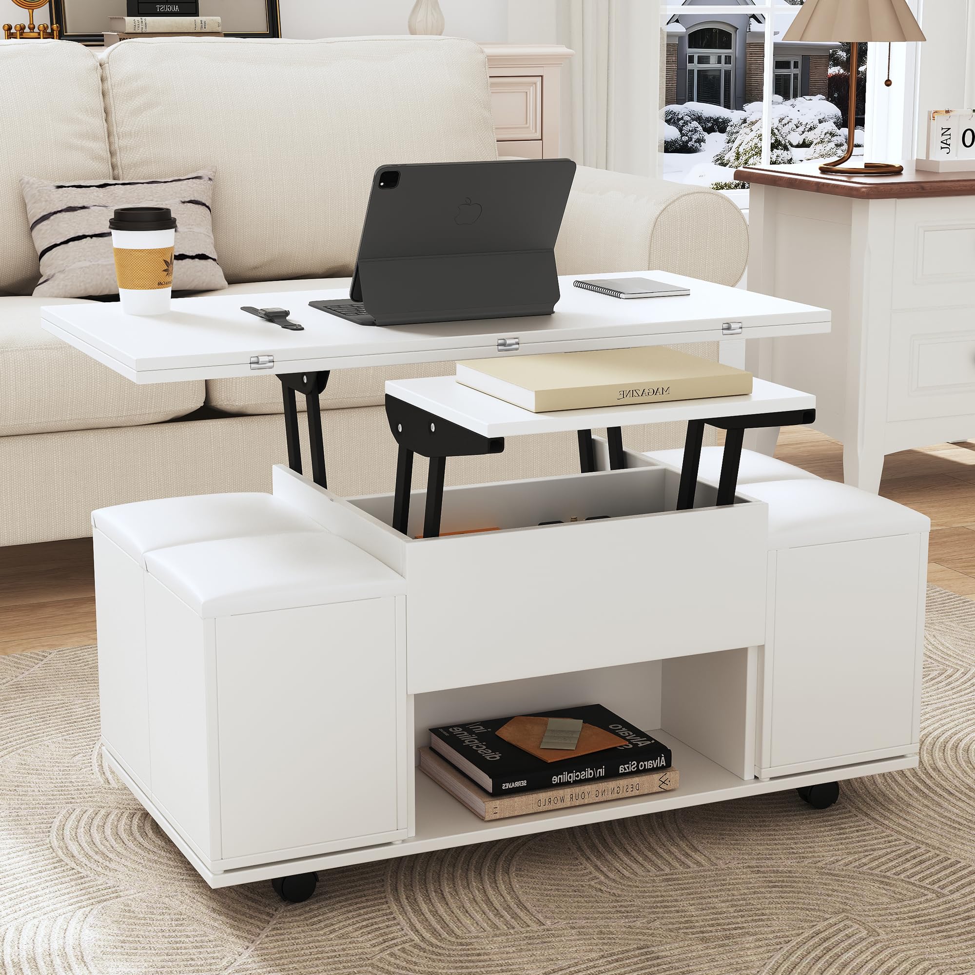 Mesa de centro multifuncional elevable: el escritorio puede abrir 2 mesas, color blanco, gran capacidad, muebles modernos de salón, oficina, mesa de comedor, 100 x 100 x 63,5 (largo x ancho x alto)