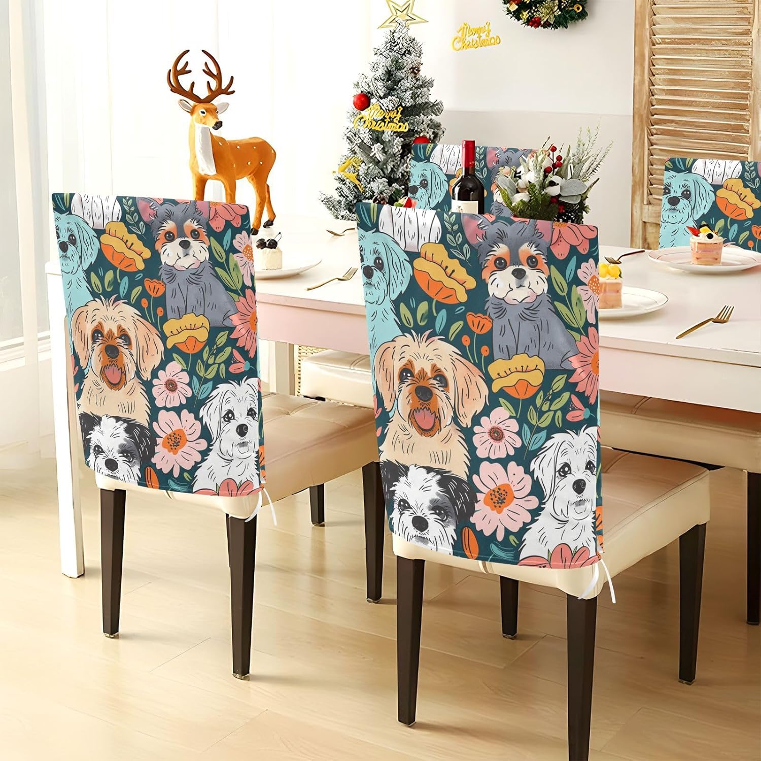 ALAZA Colorful Dogs Flowers Chair Back Cover Set of 6, Washable Reusable Removable Chair Slipcovers Decorative Chair Cover for Home Kitchen Wedding Party