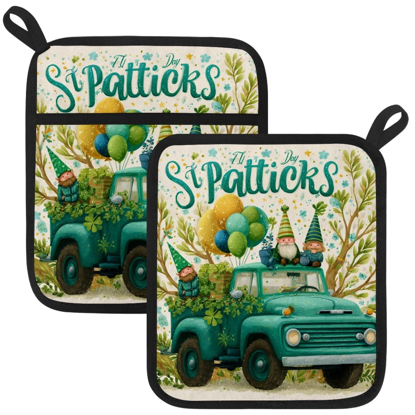 VAPOKF Happy St Patricks Day Heat Resistant Pot Holders, Thick Pot Holders Pad with Hanging Loop for Kitchen, Oven Cloth Pads for Kitchen Baking Microwave Oven