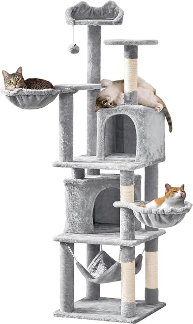 Yaheetech 175cm Cat Tree, Tall Cat Tower with Scratching Posts, Cat Play and Climbing House, Kitten Activity Centre with Condos/Hammock, Light Grey