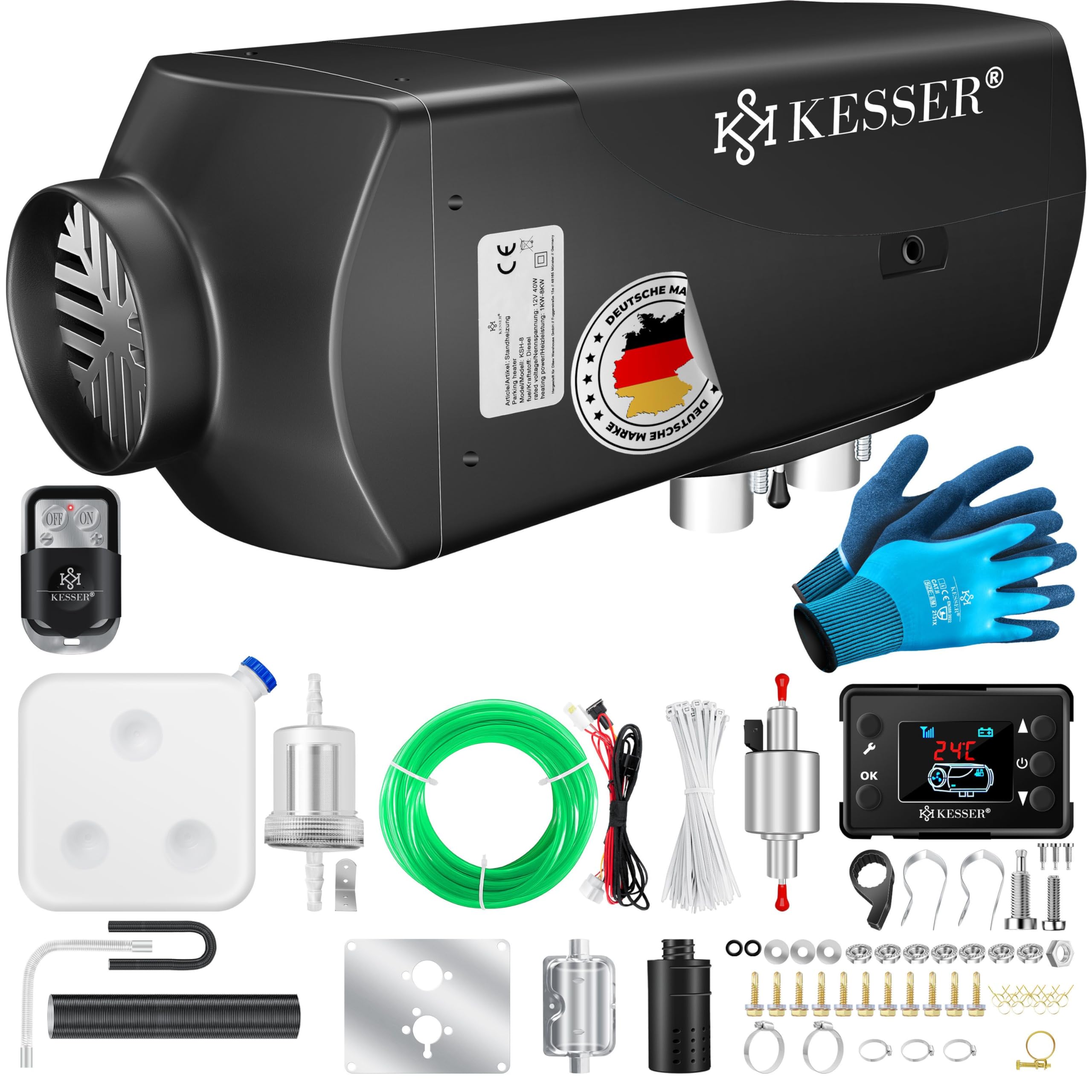 KESSER® Riscaldatore Diesel 8kW Riscaldamento Diesel 12V/24V con Timer, Display LCD e Telecomando | Riscaldamento Rapido | Riscaldatore d'Aria con Silenziatore e Termostato (Nero, 8KW)