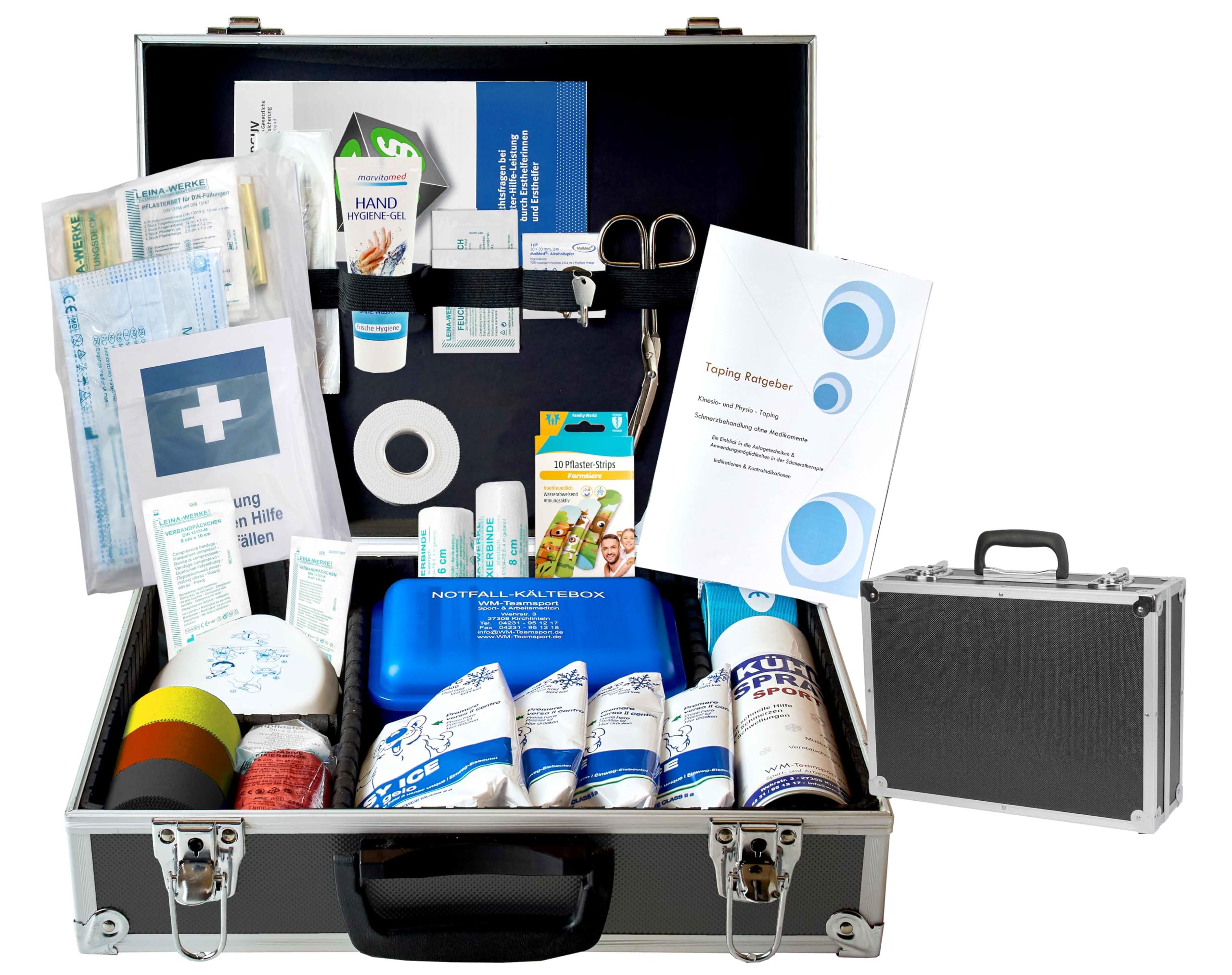WM-Teamsport Sportbetreuerkoffer "Typ M" für Sportvereine | Verbandmaterial nach DIN 13164 für Sportverletzungen + Sportausstattung - Kinesio- & Sporttapes, Kühlspray, Sofortkältepacks
