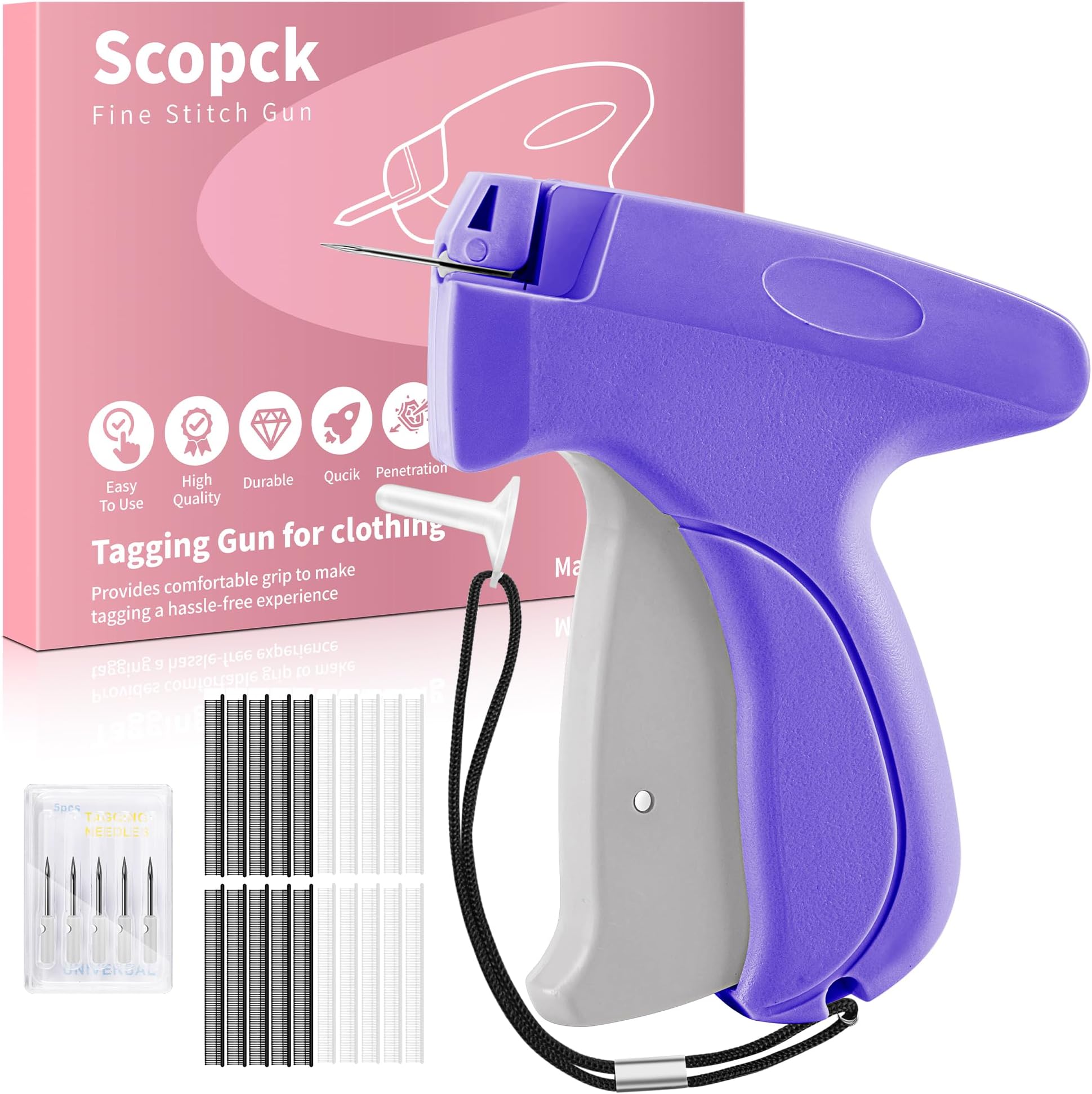 Stitch Gun for Clothes - Handheld Stitch Tag Gun Quick Clothing Fixer - Tagging Gun - Sewing Kit Includes 6 Needle, 1000 Black Fasteners & 1000 White Fasteners (Purple, Grey)