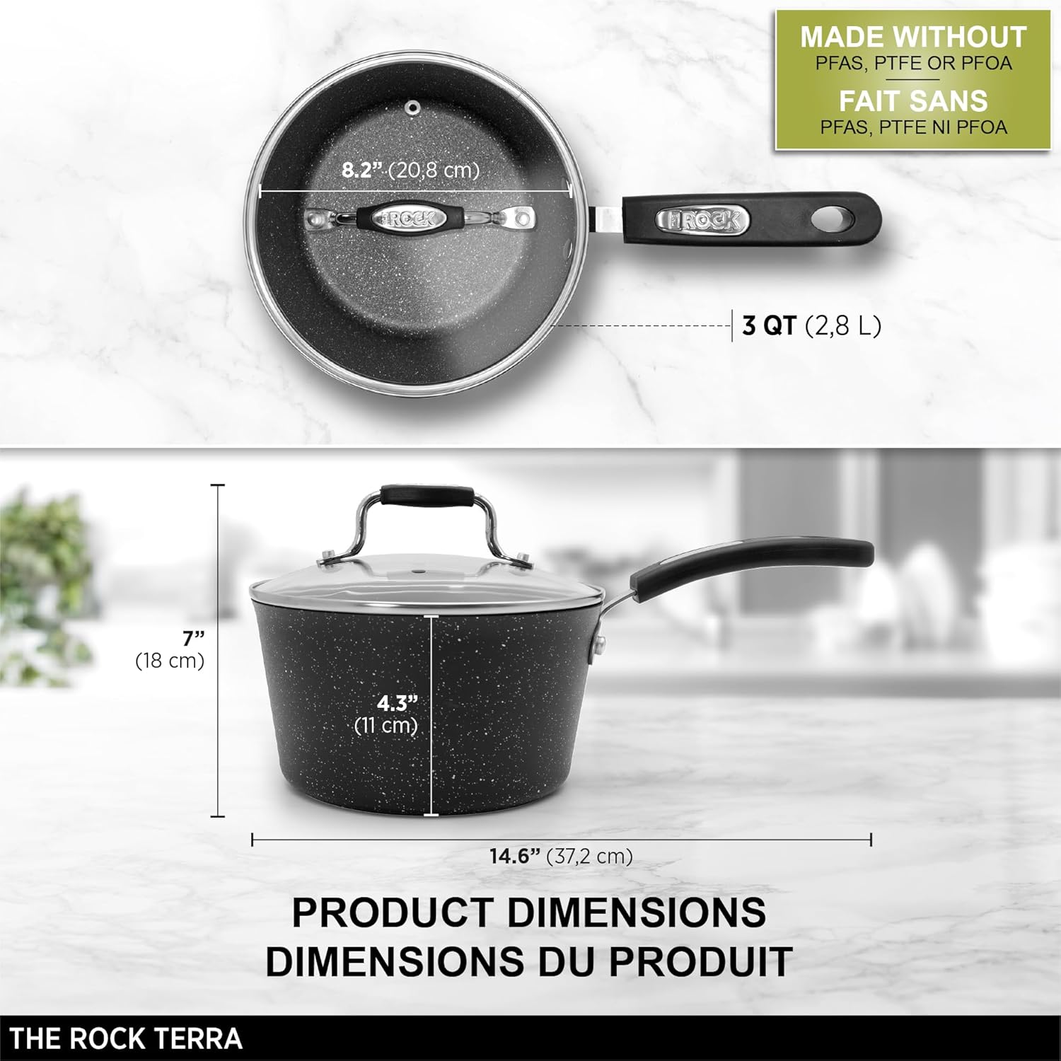 Starfrit The Rock Terra 2,8L (3QT) Ceramic Non-Stick Saucepan with Lid - Thick Aluminum Base - PFAS Free - Easy to Clean - Black Marble