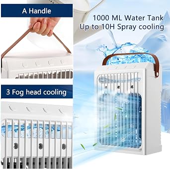 Portable Air Conditioners,1000ML Portable AC Unit,Personal Small Air Conditioner,3 Speed Quiet Evaporative Air Cooler,2/4/6H Timer OFF,7Color Night Light,for Bedroom,Room,Office,Desk,Tent,Indoor.White