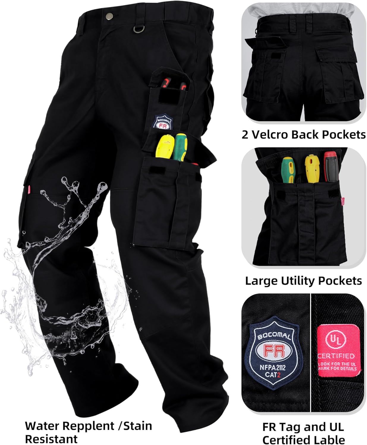BOCOMAL FR Pants for Men Cargo Pockets Flame Resistant/Fire Retardant Elastic Waist Water & Oil Repellent Finish - Image 4