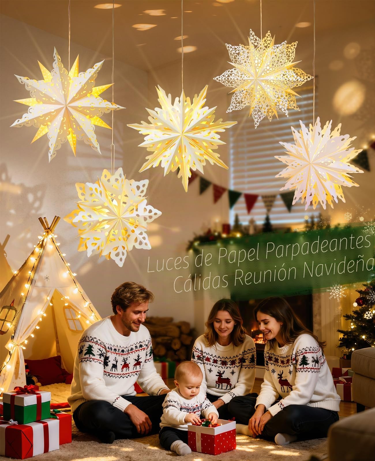 Luxspire Linterna Estrella de Papel de Navidad, 5 Pack Luces Colgantes de Copo de Nieve de Papel con Cuentas de Luz LED y Control Remoto, Linternas Decorativas Plegables para Fiestas Navideñas