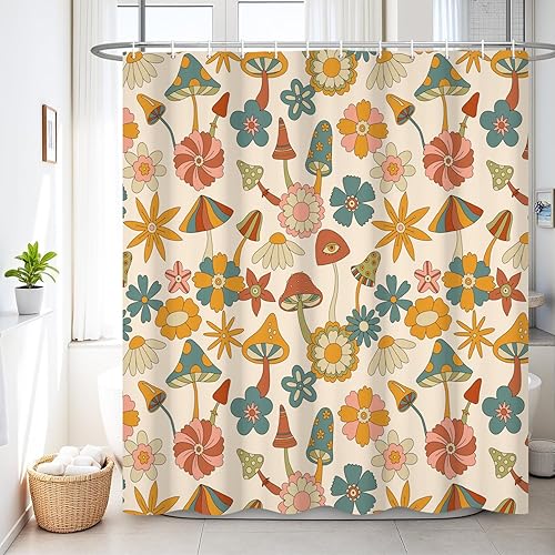Miniatura 12 de Renaiss Juego de cortinas de ducha de 72 x 72 pulgadas, diseño de hongos bohemios, retro de los años 70, flores naranjas, flores, divertidos,