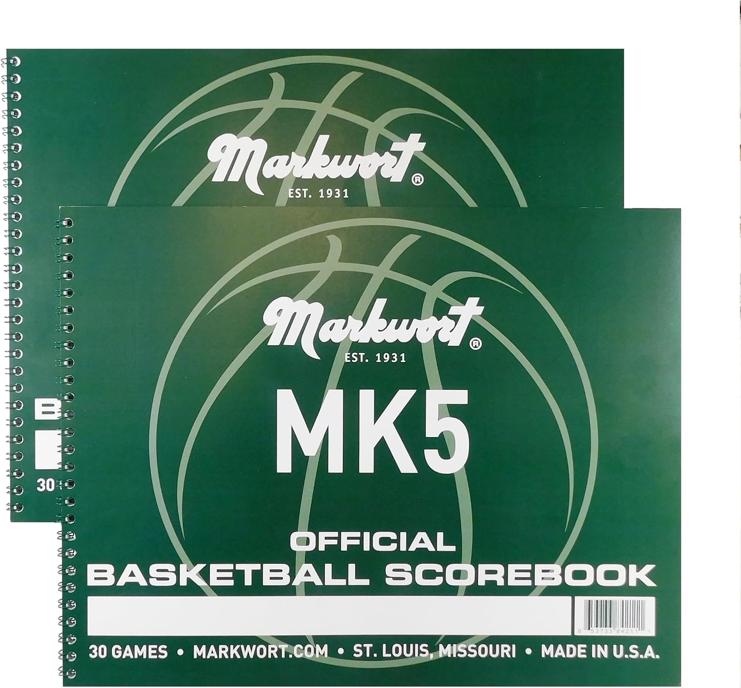 Markwort Mark V Basketball Scorebook with Fouls - 30 Game Side-by-Side Scorekeeper for Basketball Stat Tracking | High School, Middle School, Little League | Pack of 2