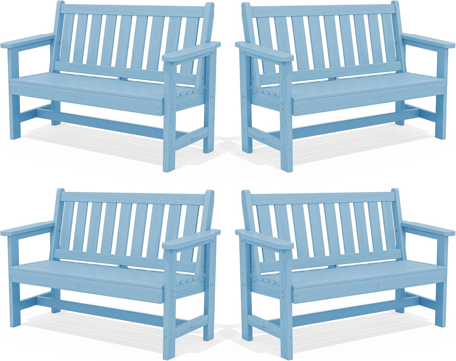 SERWALL Outdoor Bench, HDPE Outdoor Benches Weatherproof, 2-Person Garden Bench with 660 lbs Weight Capacity, Patio Benches for Outdoors, Garden, Porch, Backyard and Park, Light Blue, 4 Pack