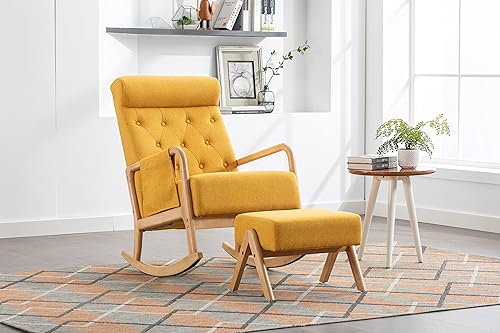 Miniatura 10 de Mecedora para guardería con otomana, moderna silla mecedora de tela tapizada con cojín acolchado grueso, respaldo alto, silla mecedora para sala de