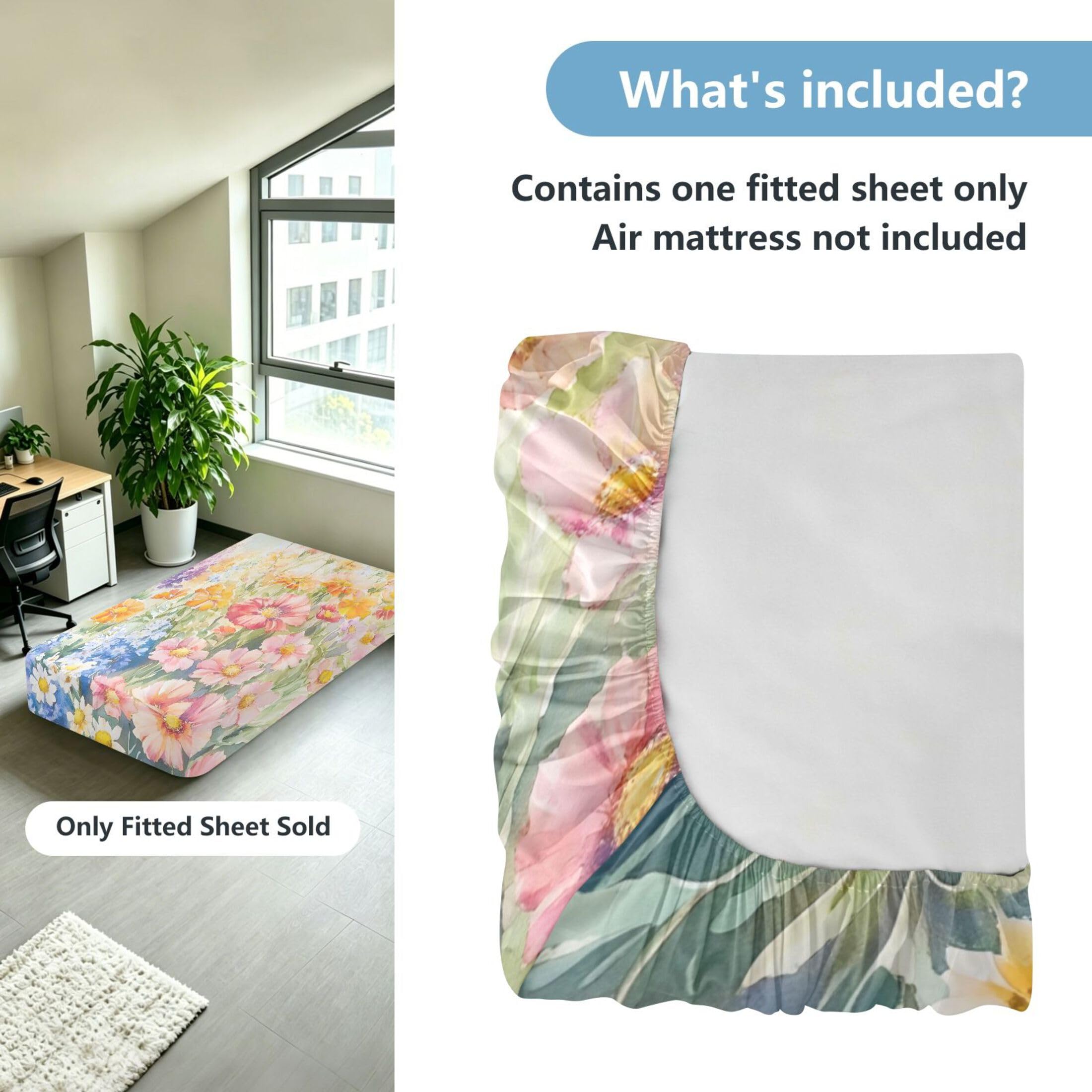 Sábana bajera ajustable de flores silvestres de acuarela para colchón de aire, bolsillo extra profundo de 24 pulgadas, funda suave y transpirable con apertura de válvula de cremallera para