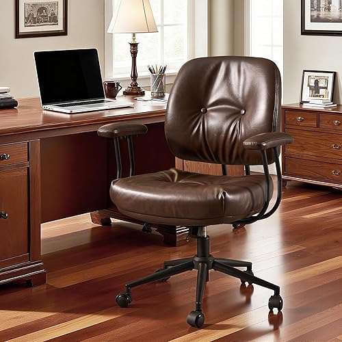 Miniatura 1 de Silla de cuero para la oficina en casa, silla de escritorio ergonómica de respaldo medio con soporte lumbar, asiento profundo moderno de mediados de