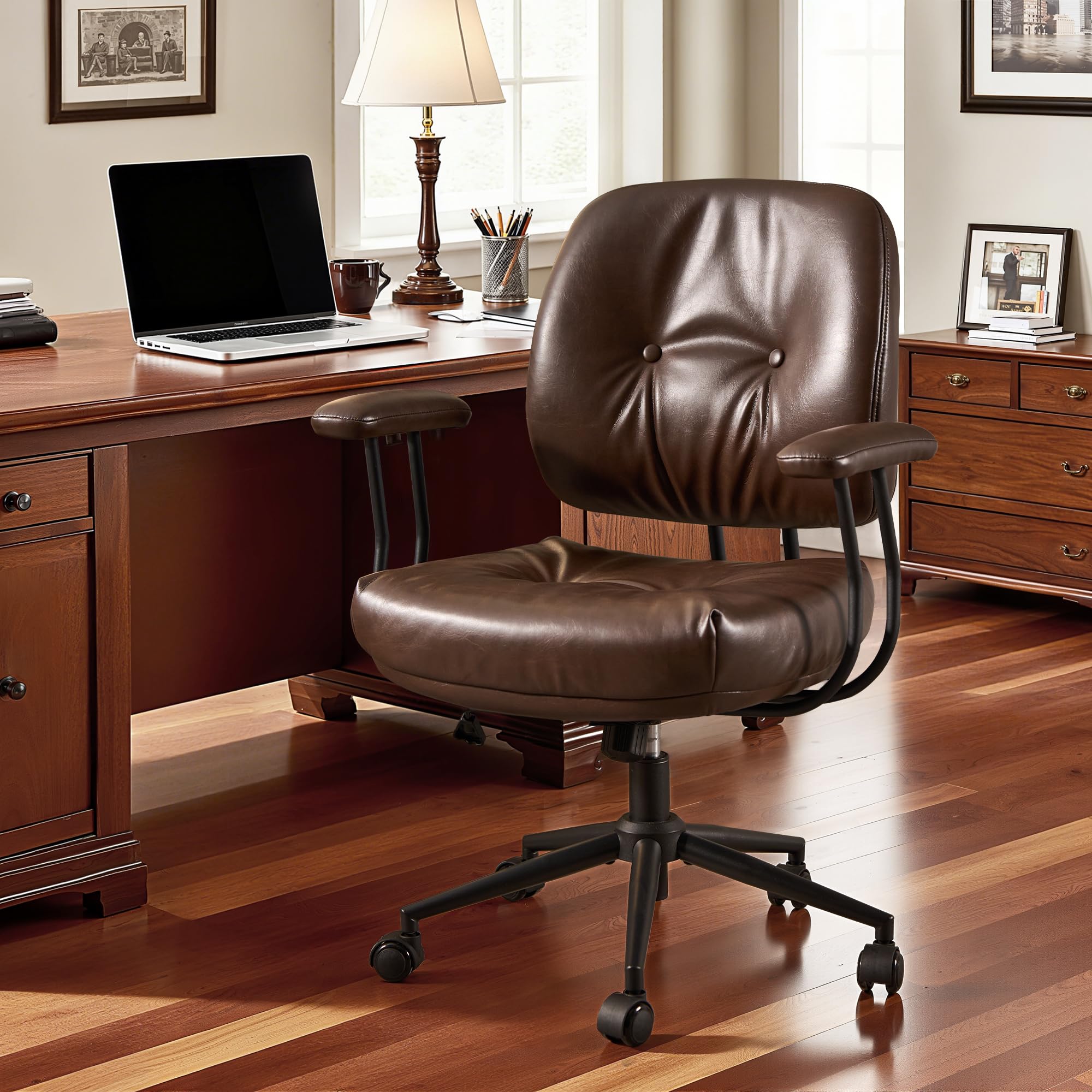 Leather Home Office Chair, Mid Back Ergonomic Desk Chair with Lumbar Support, Mid Century Modern Deep Seat Swivel Rocking Computer Chair, Dark Brown