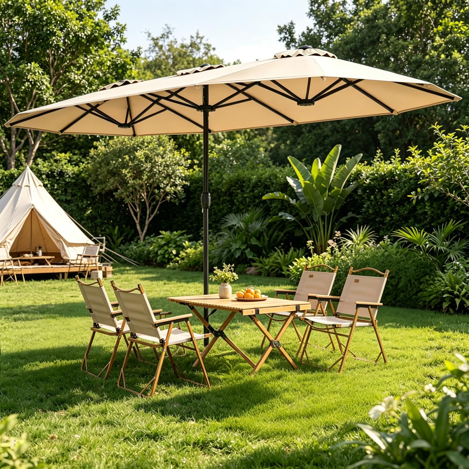 RELAX4LIFE Grand Parasol de Jardin Exterieur avec Pied, 4x2M Parasol Double pour Terrasse/Piscine/Marché, 12 Baleines Renforcées, Manivelle, Protection Solaire pour 6-8 Personnes (Beige)