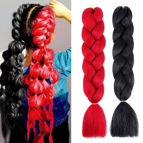 Miniatura 3 de MDRTIRIM Cabello trenzado de color liso, sintético, jumbo, rojo y negro, extensiones preestiradas, fibra resistente a altas temperaturas, pelo