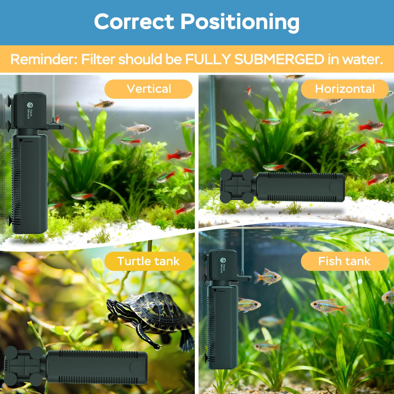 AquaMiracle Filtro de tanque de peces con temporizador y esponja de filtro, filtro de acuario U - V de 130 GPH con modos de aireación y lluvia, filtro de tortuga eficaz para control de agua verde