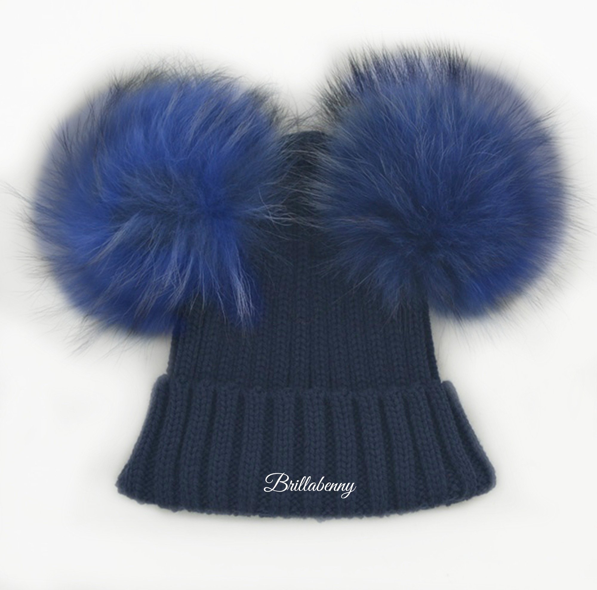 Cappello Berretto Donna Blu Modello Cuffia Vera Pelliccia PON PON Misto Lana Luxury Hat