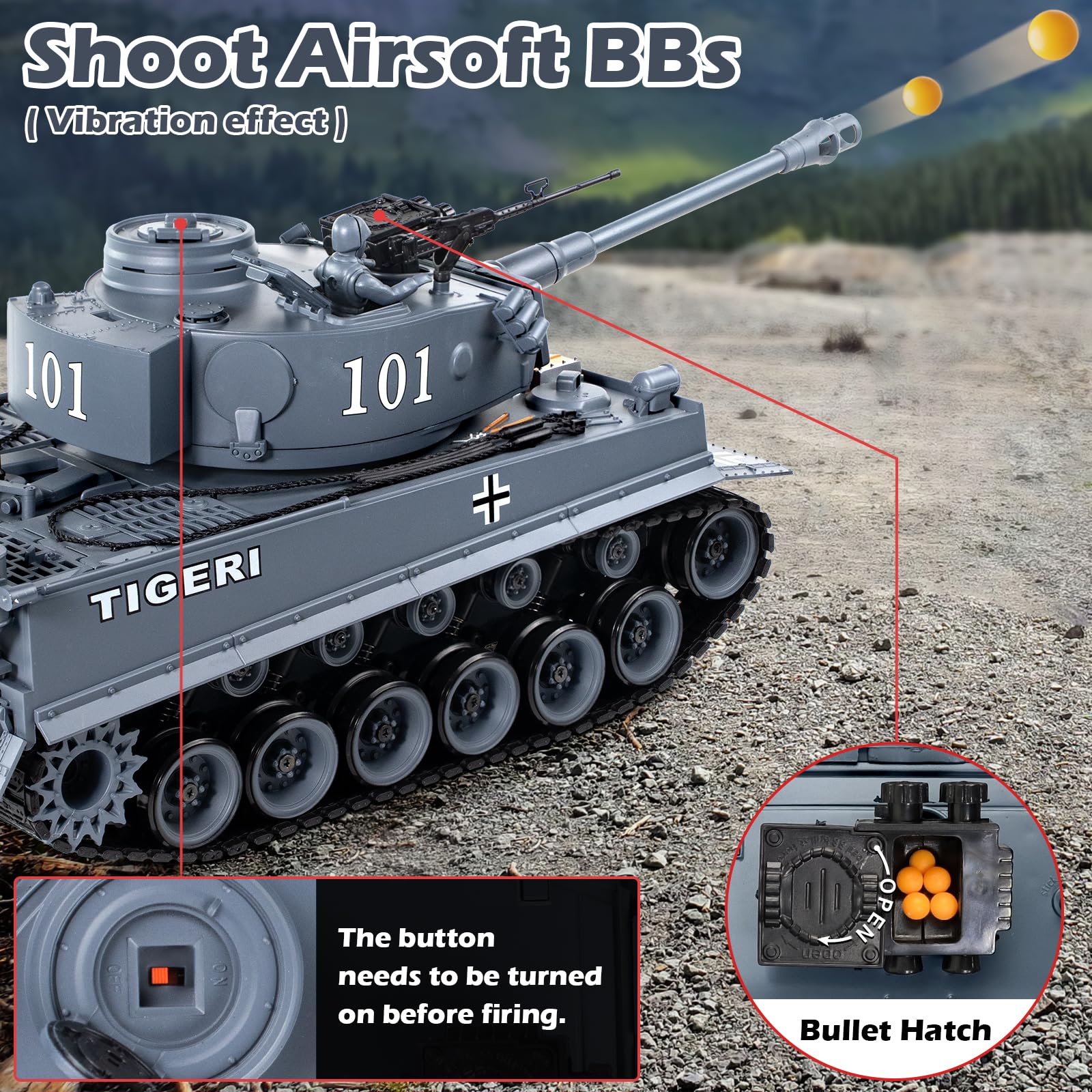 Supdex Tank Telecommandé Tiger I 1/18, Réservoir Télécommande Modèle Blindé de Combat 2,4GHz, Modèle Char de Combat, Crawler Réservoir Télécommandé avec Tir et Sons Réalistes pour Enfants et Adultes