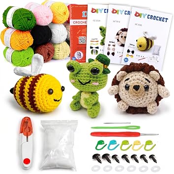 3 Pack Crochet Kit for Beginners, Amigurumi Crochet Animal Kits for Adults | with Step-by-Step Videos Tutorials, Great Gifts for Beginner Crochet Lovers - Bee, Frog, Hedgehog