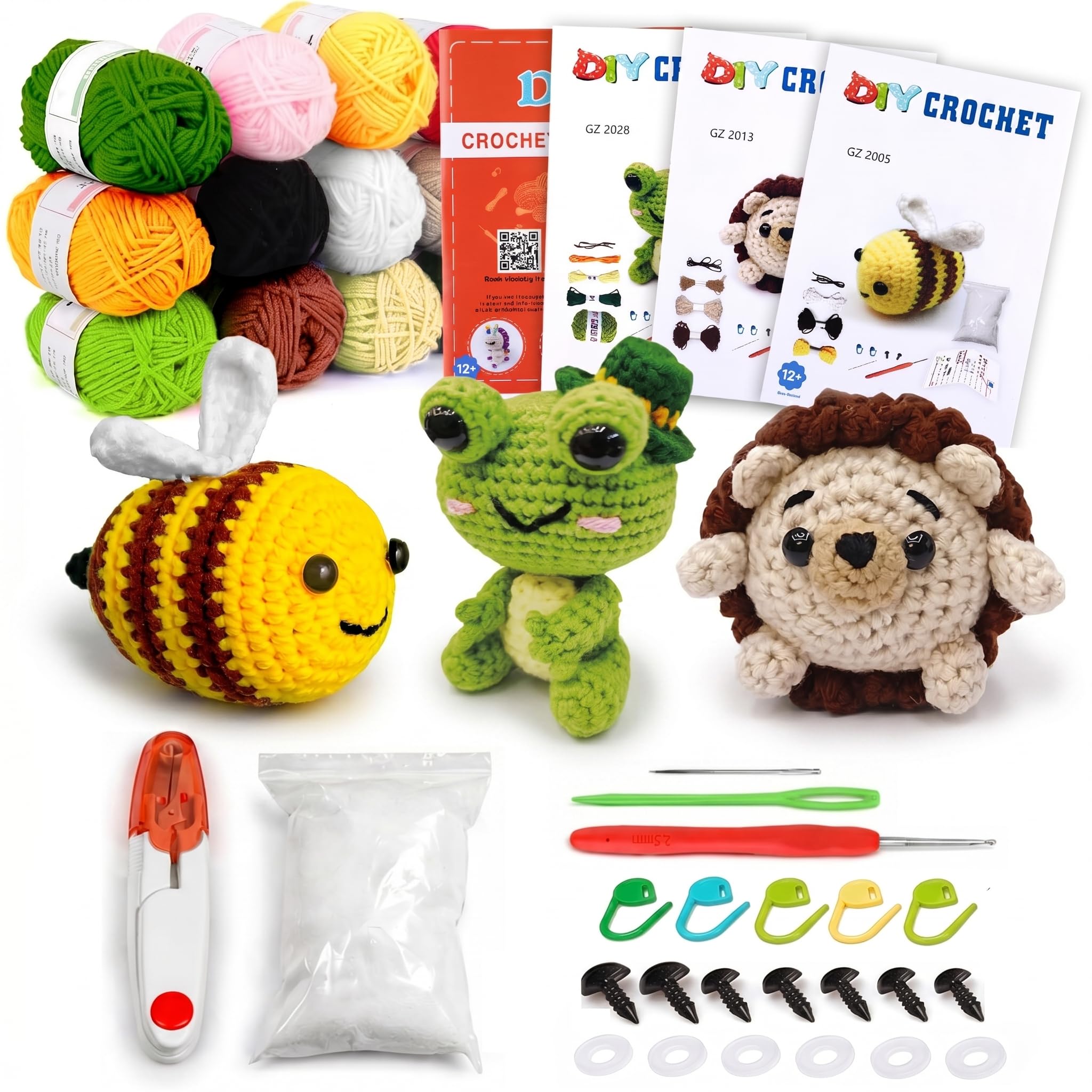 PYOCRD 3 Pack Crochet Kit for Beginners, Amigurumi Crochet Animal Kits for Adults with Step-by-Step Videos Tutorials, Great Gifts for Beginner Crochet Lovers - Bee, Frog, Hedgehog