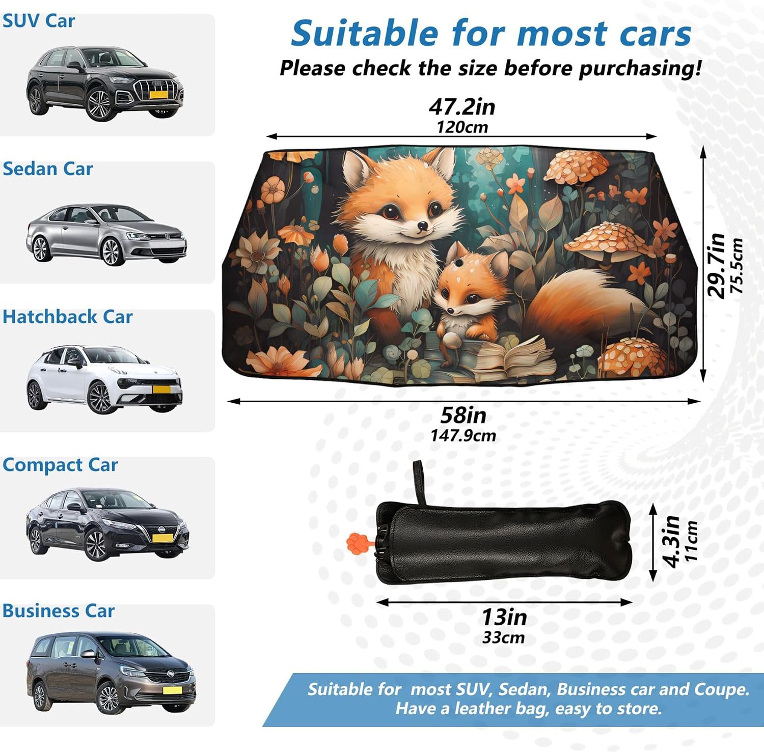 Car Umbrella Sun Shade Cover, Forest Fox Umbrella Sun Shade for Car Truck Window Front Windshield, Blocks UV Rays Sun Visor Protector Sun Heat Reflector to Keep Your Vehicle Cool