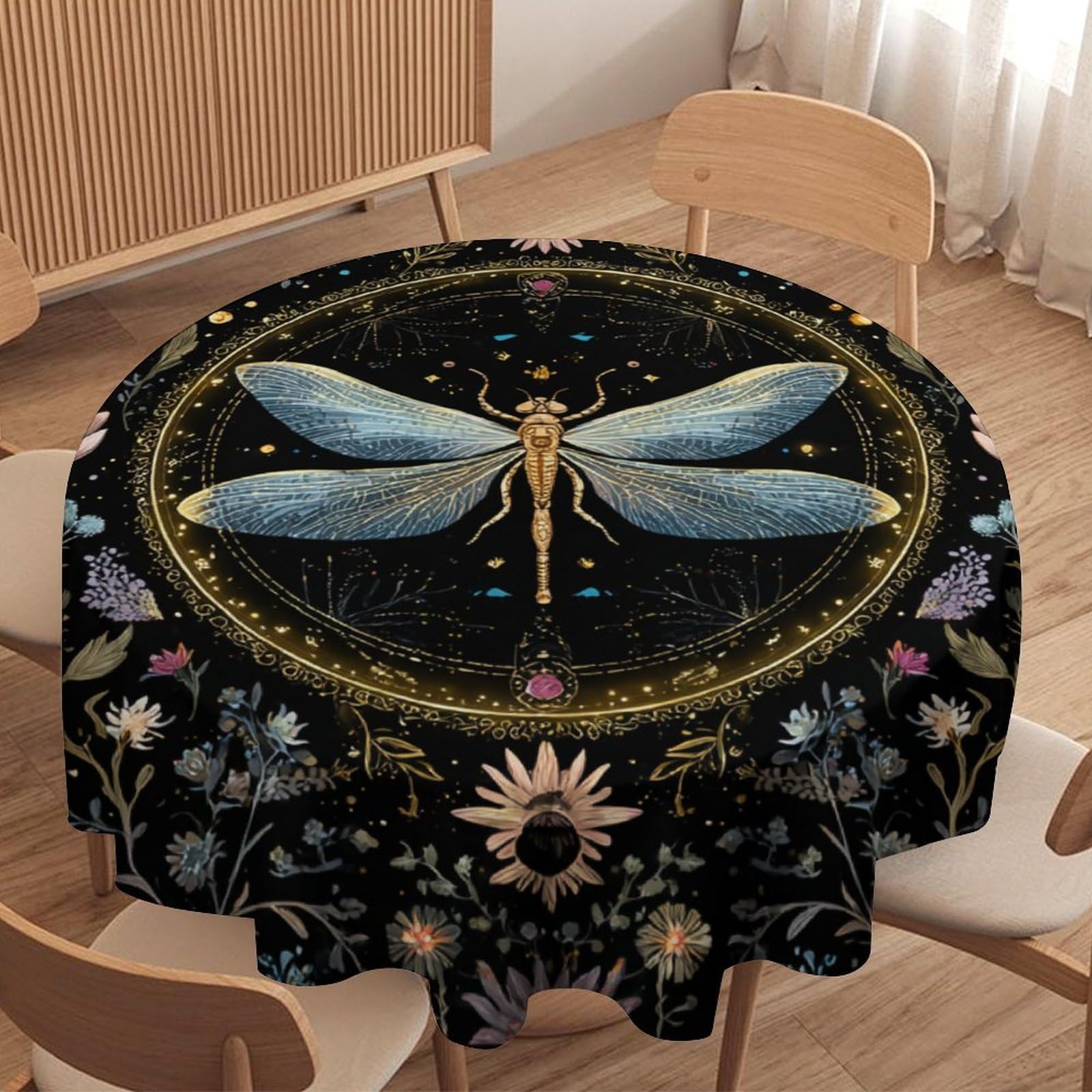 LUYYSKY Beautiful Retro Boho Dragonflies Round Tablecloth Fantasy Classic Animal Dragonfly Butterflies Floral Pattern Washable Decor for Table Cover for Kitchen-152.4" Wx152.4 L cm