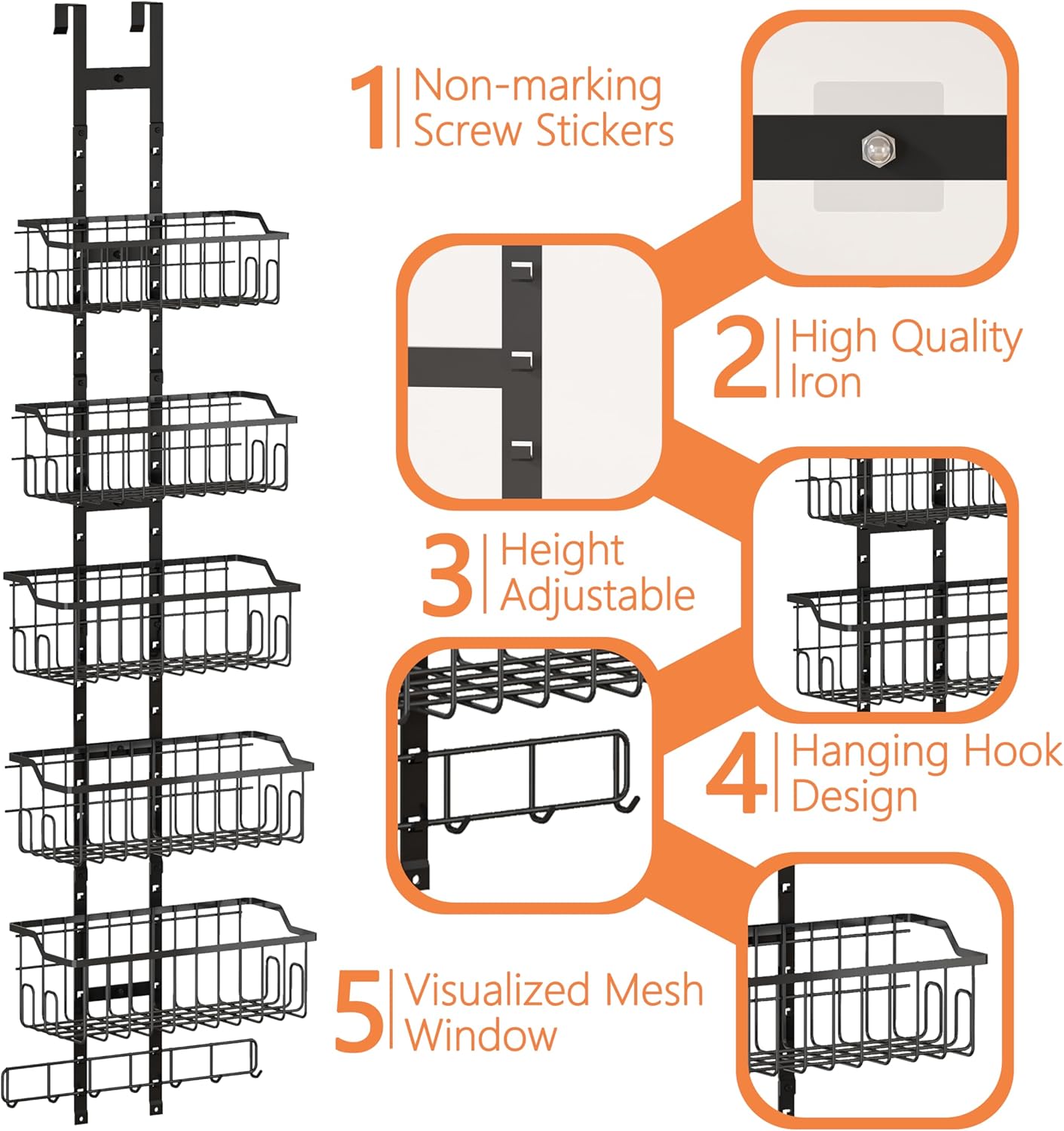 Piskyet Adjustable Over the Door Laundry Organizer,Large Capacity Metal Hanging Cleaning Closet Organizer with 5 Wire Basket 7 Hooks, Wall Mounted Shelf for Pantry Laundry Room Organization Storage