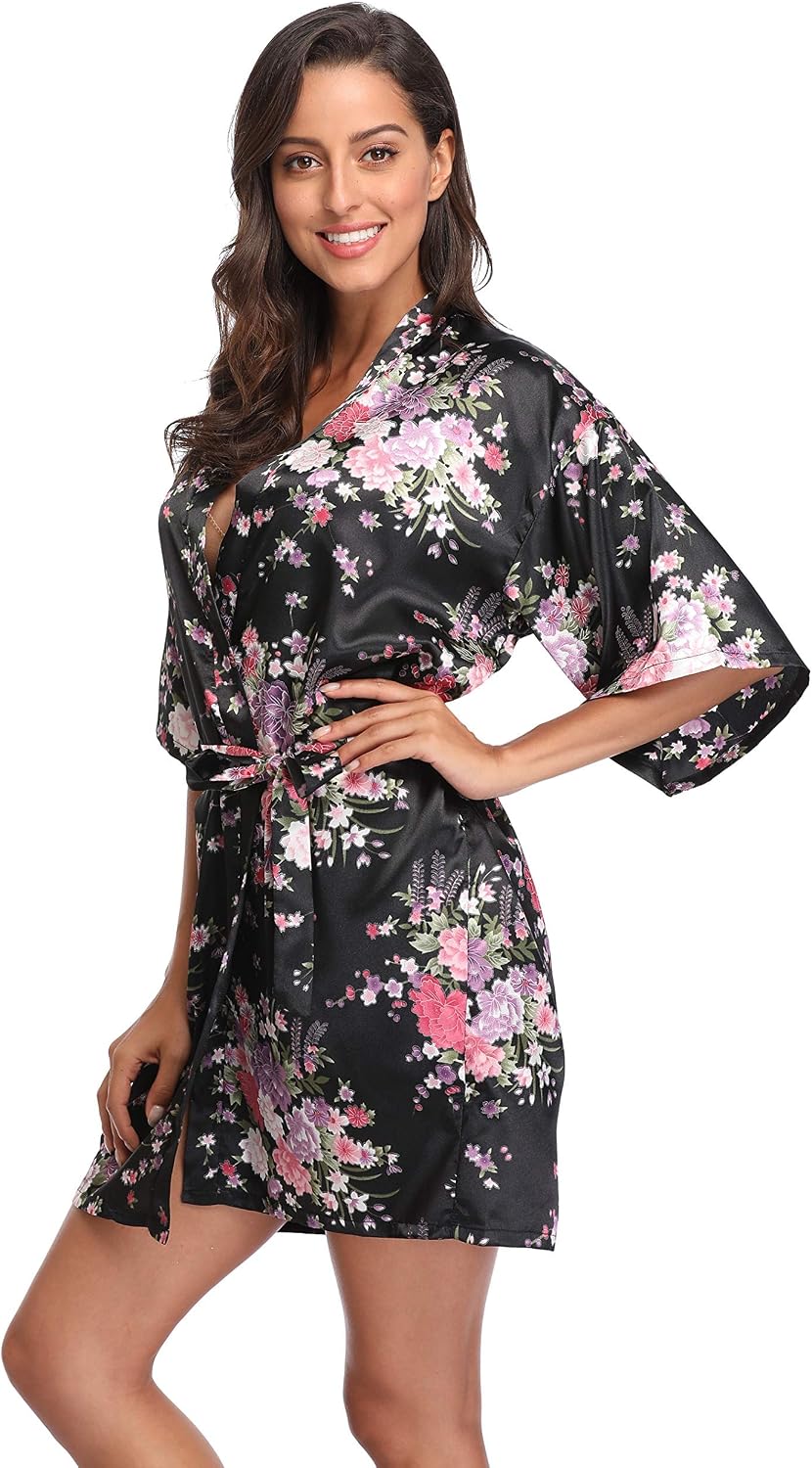 Women's Floral Satin Robes Short Kimono Bathrobe Bride Bridesmaid Robe Silky Sleepwear Bridal Party Dressing Gown