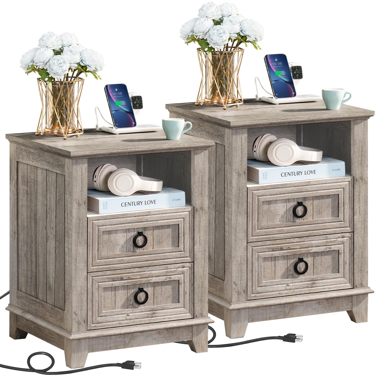 Joaxswe 18" Farmhouse Night Stands Set of 2 with Charging Station, 2 Drawers End Table Dresser for Bedroom, Oak Wooden Nightstand, Bed Side Table with