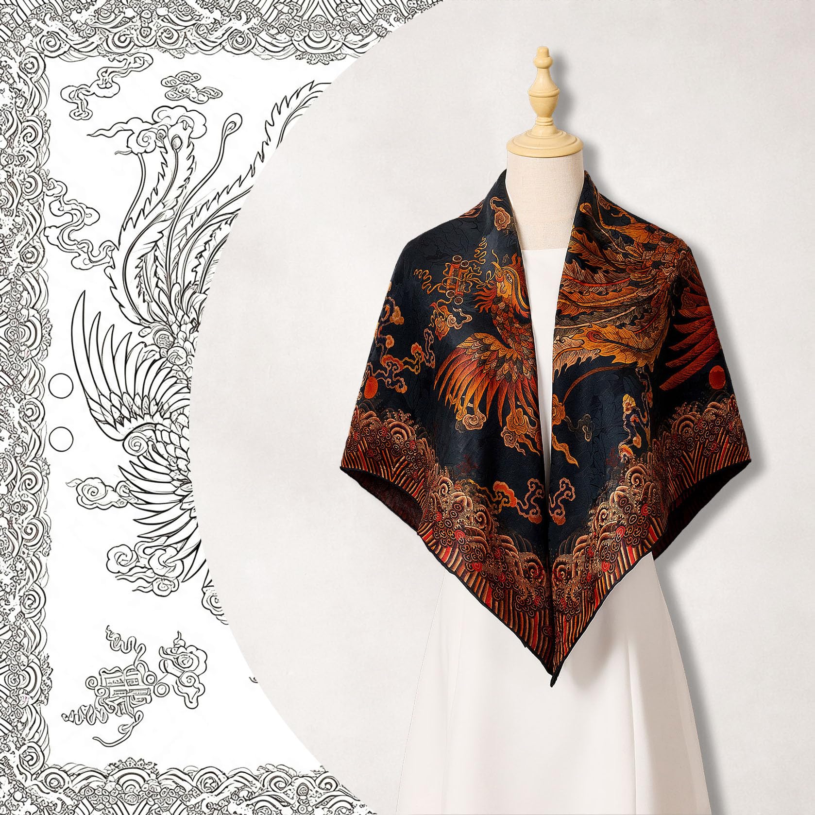 HangErFeng Damski ciężki jedwabny szal XiangYunSha dwustronny feniks chmura nadruk czarny 1647