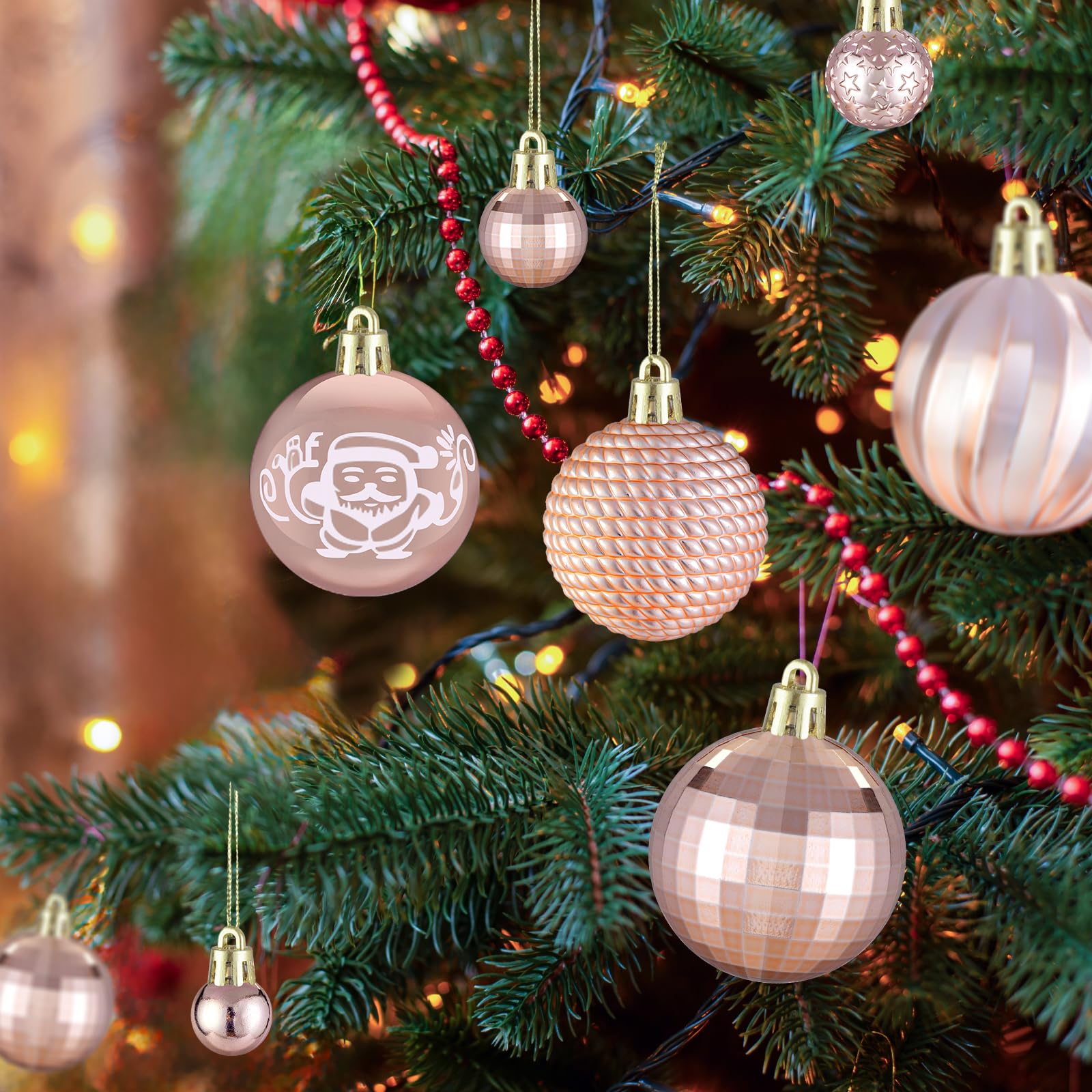 102 Pièces Boules de Noel Rose Gold, Decoration Noel Sapin,Christmas Tree Decoration,Kit Decoration Noel avec Grosse Petite Boule de Noel Boîte à Boules de Noël en Plastique