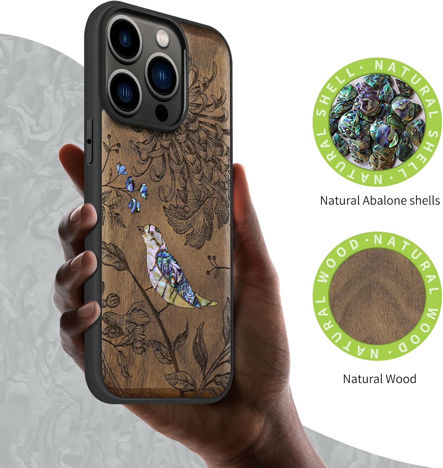 Carveit Designer Wooden Protective Magnetic Case for iPhone 14 Pro Case [Wood Engraving & Shell Inlay] Compatible with 14 Pro MagSafe (Flowers and Bird-Walnut)