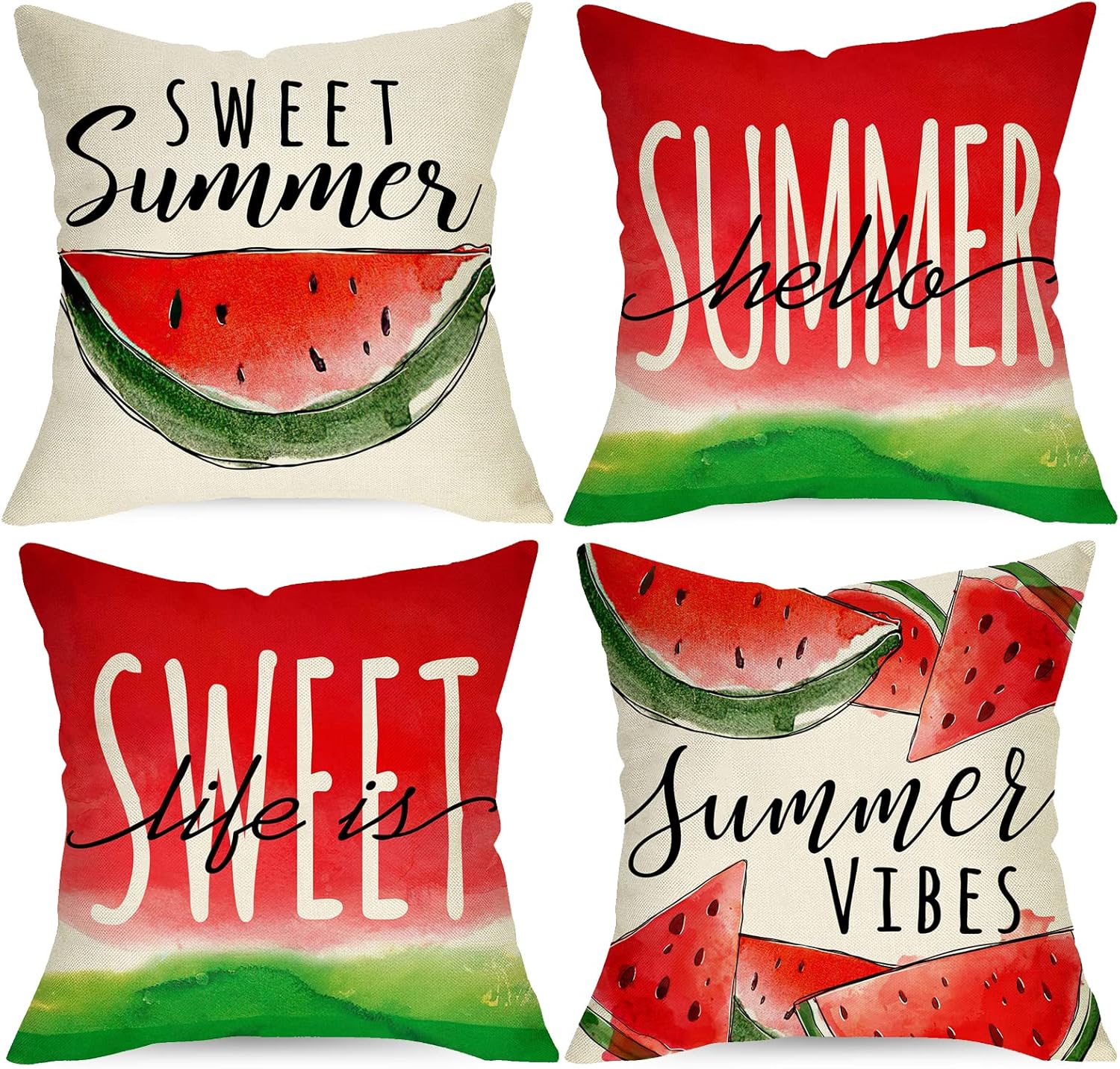 Spring Summer Strawberry Decorative Throw Pillow Covers 18 x 18 Set of 4, Life is Sweet Red Fruit Cushion Case Decor, Sweet Berry Seasonal Home Decoration for Sofa Couch