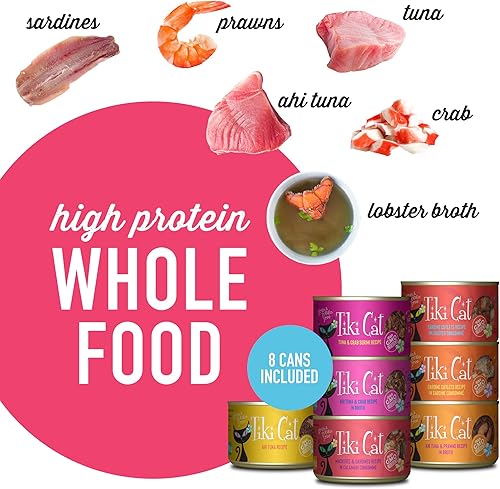 Miniatura 5 de Tiki Cat Grill - Alimento húmedo bajo en carbohidratos con mariscos enteros en caldo para gatos y gatitos adultos, 6 onzas, 8 unidades, variedad