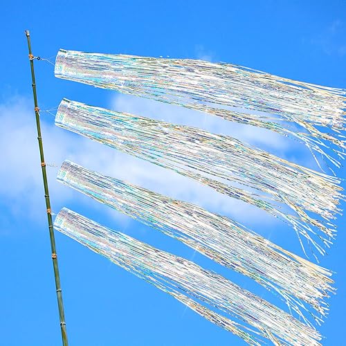 Miniatura 3 de Lewtemi 4 calcetines de viento para exteriores, resistentes, holográficos, plateados, con gancho giratorio para exteriores, patio, jardín, patio,