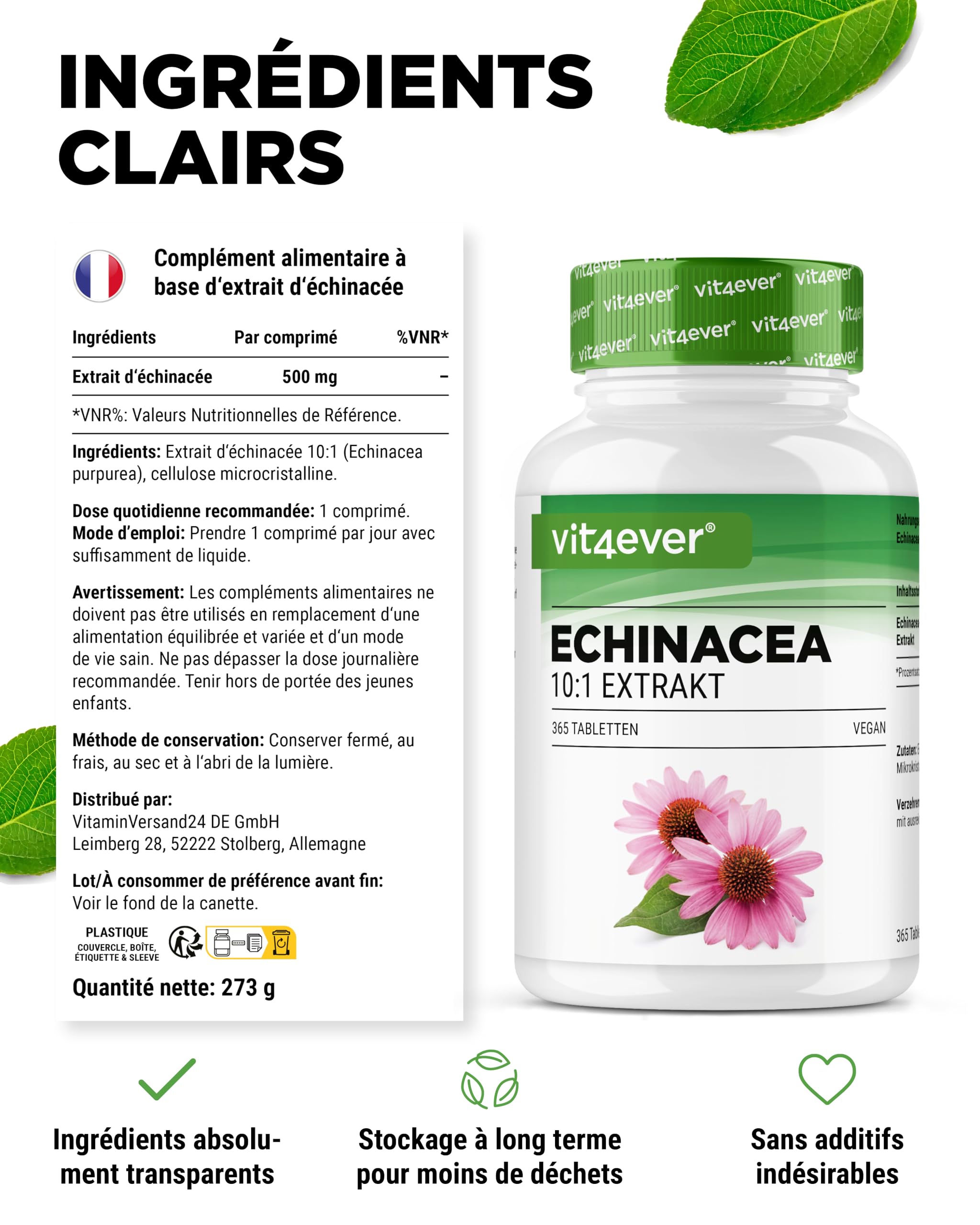 Échinacée 500 mg - 365 comprimés végétaliens - Extrait naturel d'échinacée 10:1 - Hautement dosé - Sans additifs indésirables - Végétalien