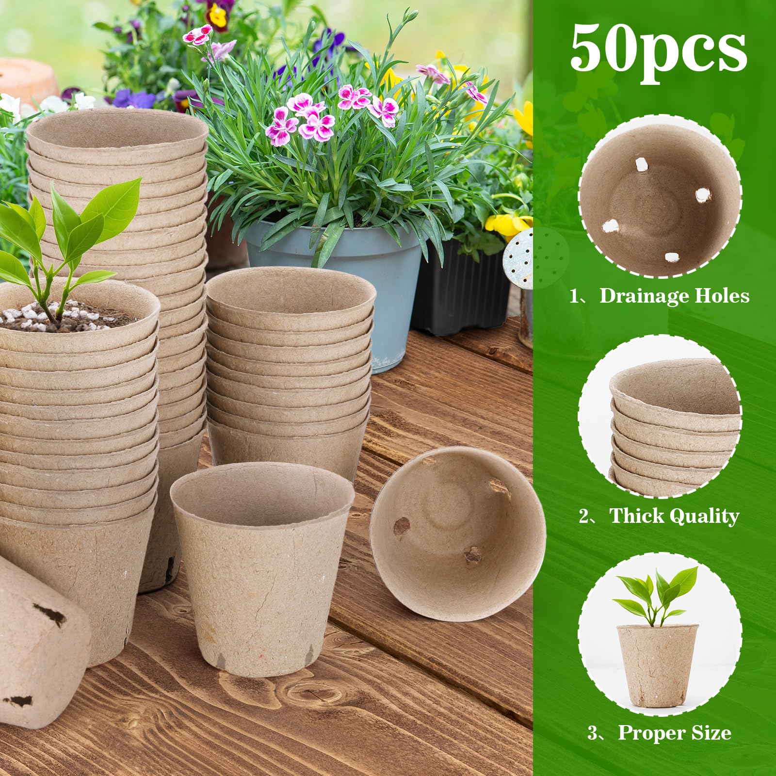 GOTVUGE 50pcs 8cm Seed Starter Pots for Seedlings Peat-Free Biodegradable Small Nursery Pots for Plants - Image 3