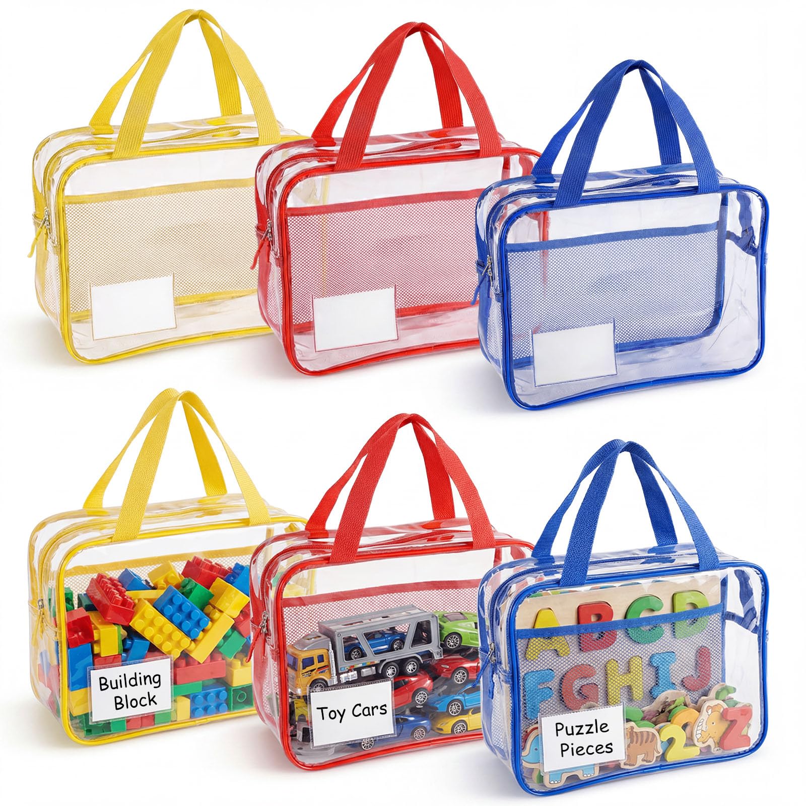 6 Pezzi Sacchetti Portaoggetti per Giocattoli, Sacchetti per Giocattoli in PVC Sacchetti da Giocattolo Ttrasparenti Borse Portaoggetti in PVC per Giocattolo, Puzzle (30x24x12cm)