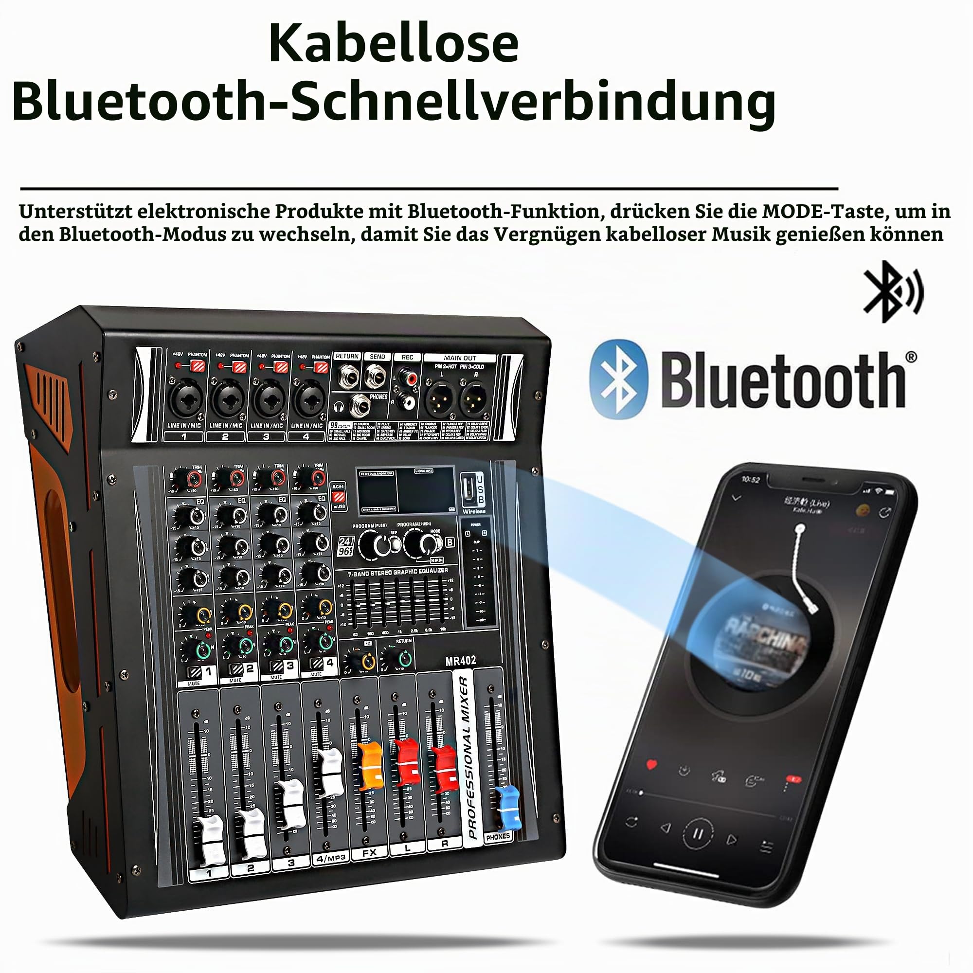 Verstärker Mischpult 4 Kanal Stereo 4Ohm 2 * 300W Powermixer mit Verstärker und 99 DSP Effektoptionen